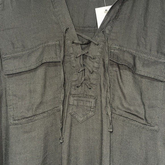 SO Lace Up Utility Shirt Olive Green Long Sleeve Button Pocket Women's Size M - Picture 3 of 6